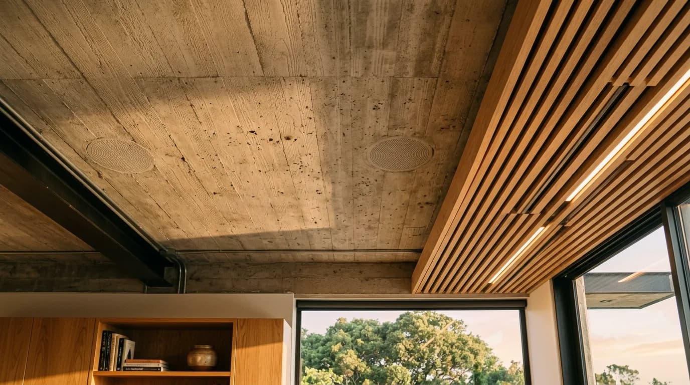 Bocinas empotradas de bajo perfil en plafón de concreto aparente, sin obra visible