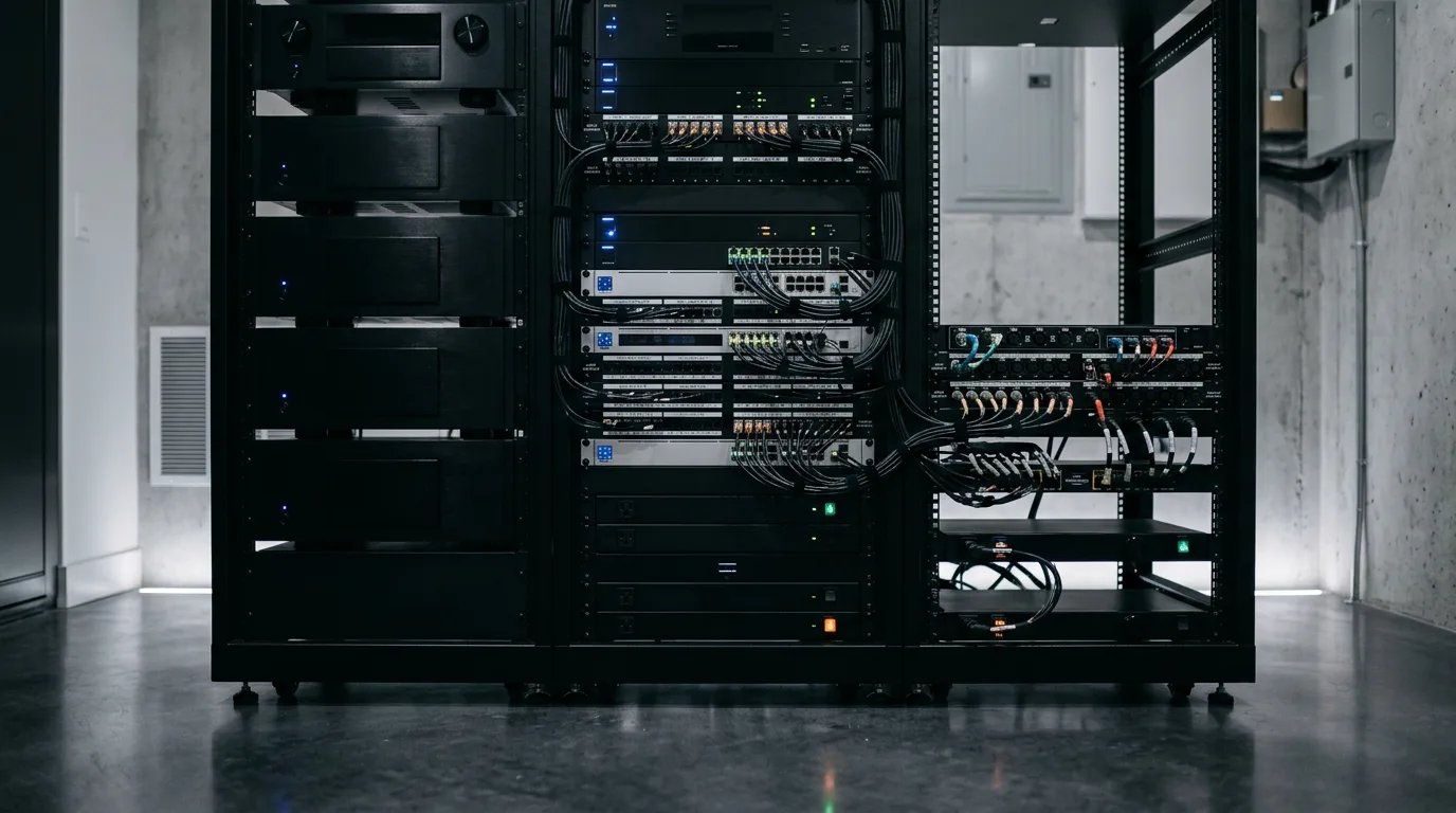 Rack de audio y video con amplificación y procesamiento en cuarto de máquinas de residencia