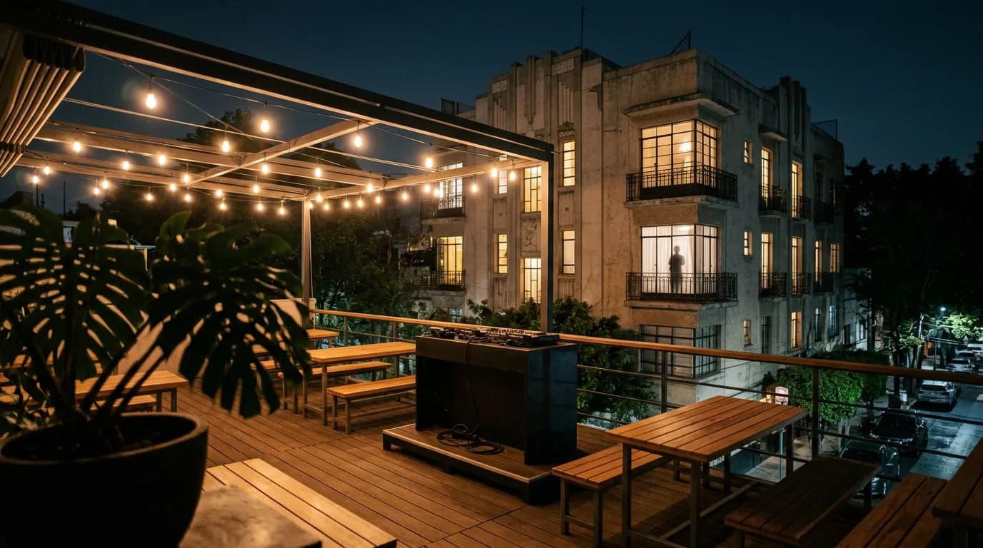 Terraza de bar de noche frente a un edificio de vivienda en la Condesa, Ciudad de México