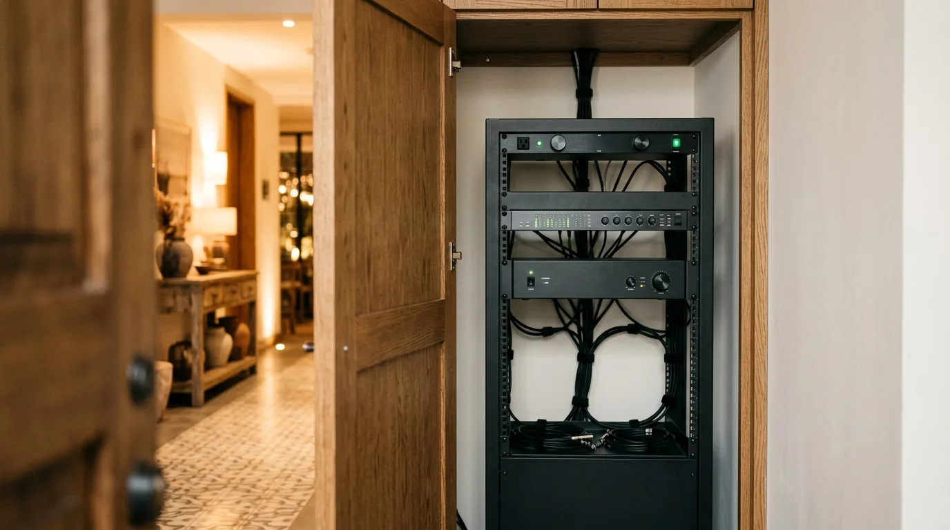 Rack de audio con procesador y amplificador dentro de un clóset de madera en un hotel boutique