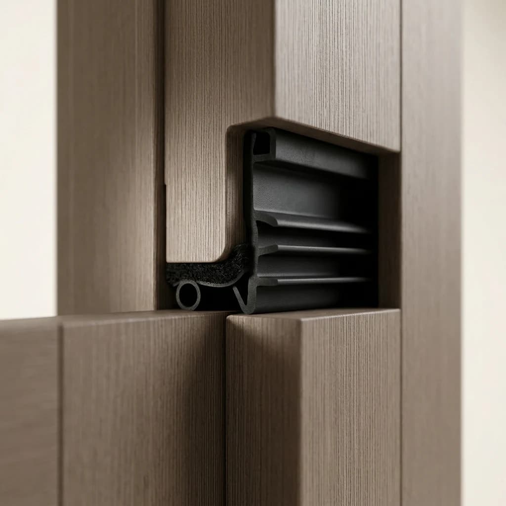 Detalle del sello perimetral de neopreno de la puerta acústica