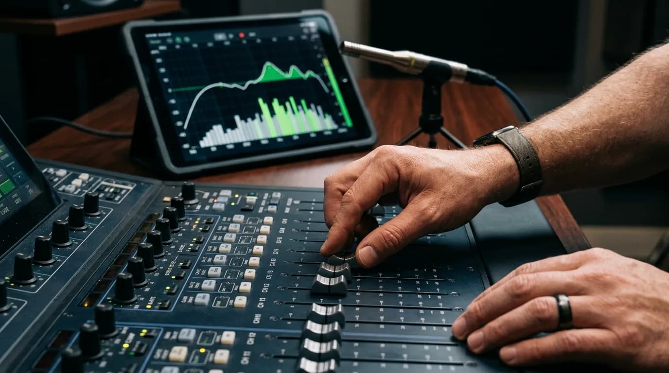 Ingeniero de sonido calibrando el sistema en consola digital con micrófono de medición y curva de respuesta