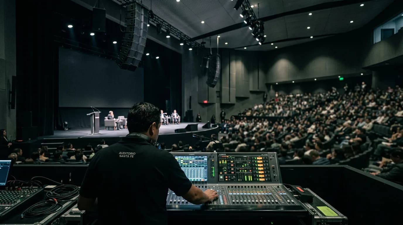 Renta de audio para eventos corporativos: auditorio con line array y consola, ingeniero de espaldas