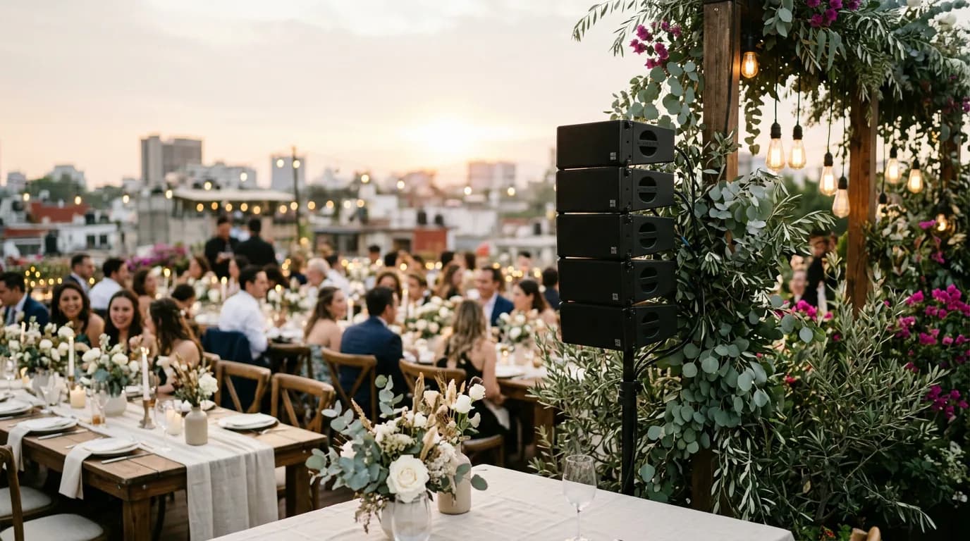 Renta de audio para bodas en terraza de CDMX: columna line array integrada entre follaje y luces de filamento
