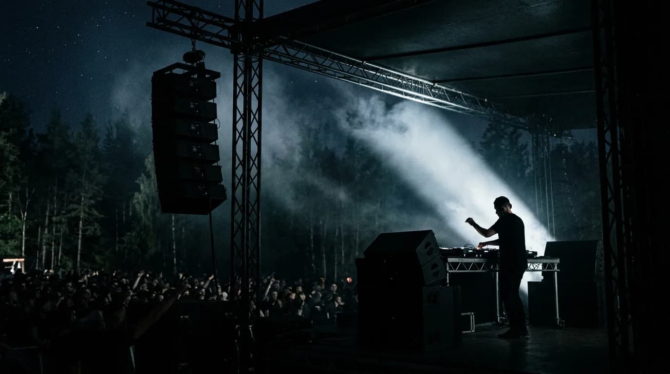 Renta de audio para producción: line array colgado de truss en escenario nocturno con DJ a contraluz