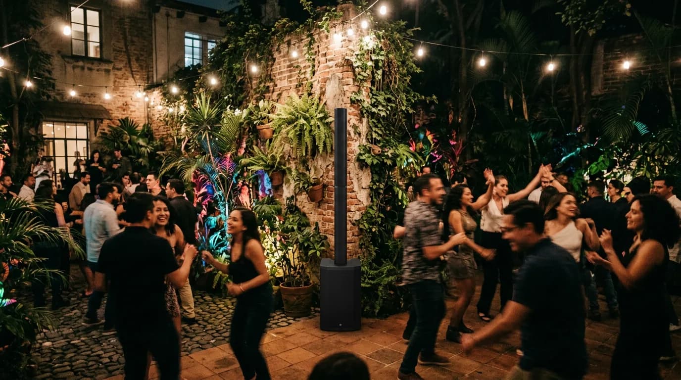 Renta de sonido para fiestas en jardín de la Condesa: bocina de columna discreta y gente bailando de noche