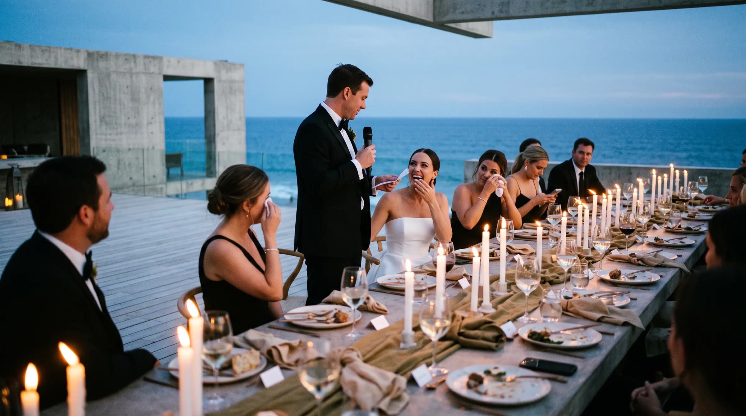 Brindis del novio con micrófono inalámbrico en cena de boda frente al mar en un hotel de playa en México