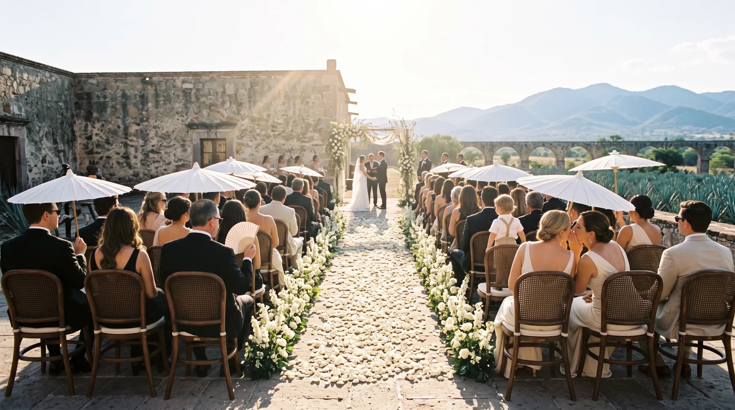 Ceremonia de boda en hacienda histórica en México con vista a las montañas, invitados con sombrillas blancas y pasillo de pétalos