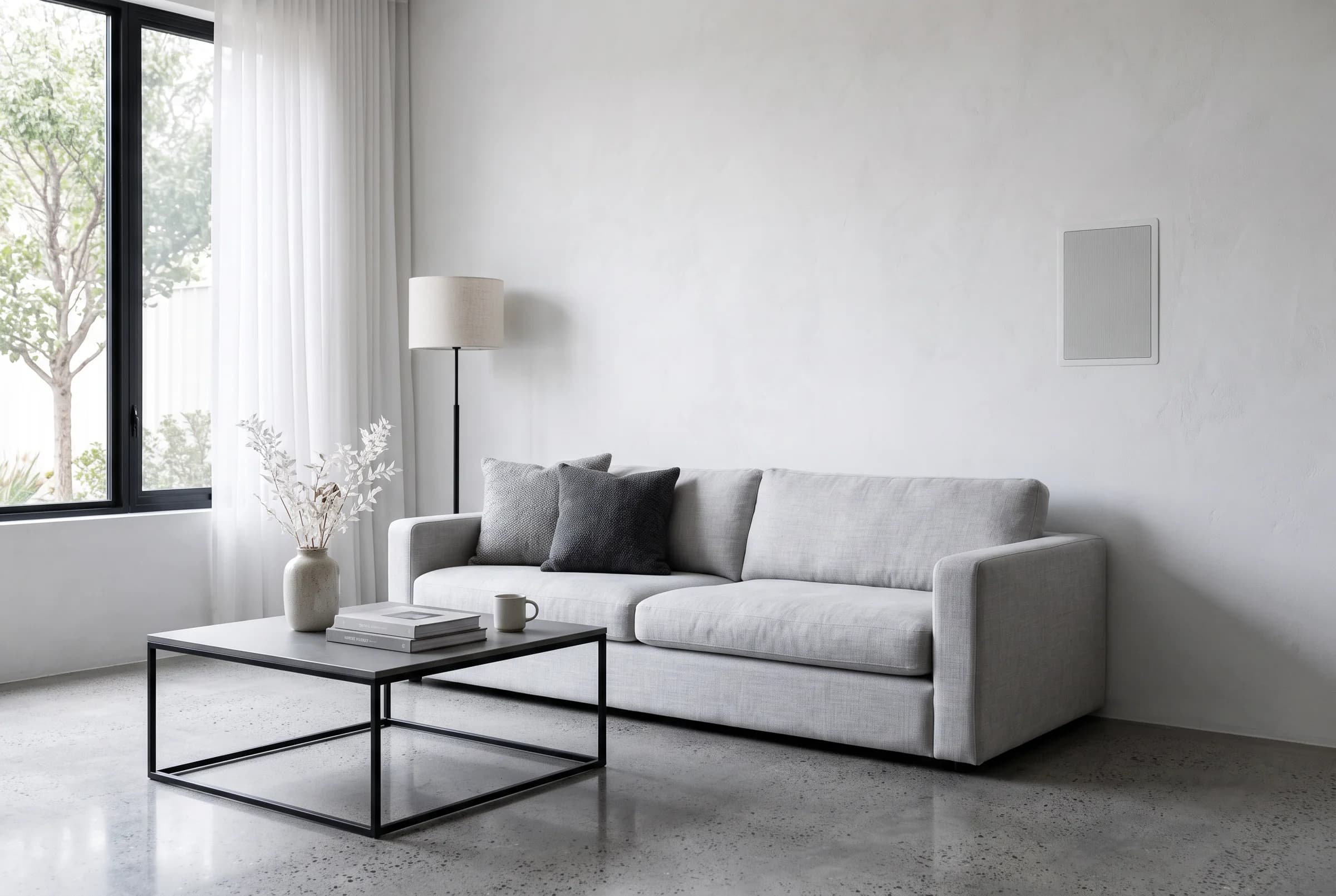 Sala minimalista con bocina empotrada a ras del plafón blanco, rejilla invisible