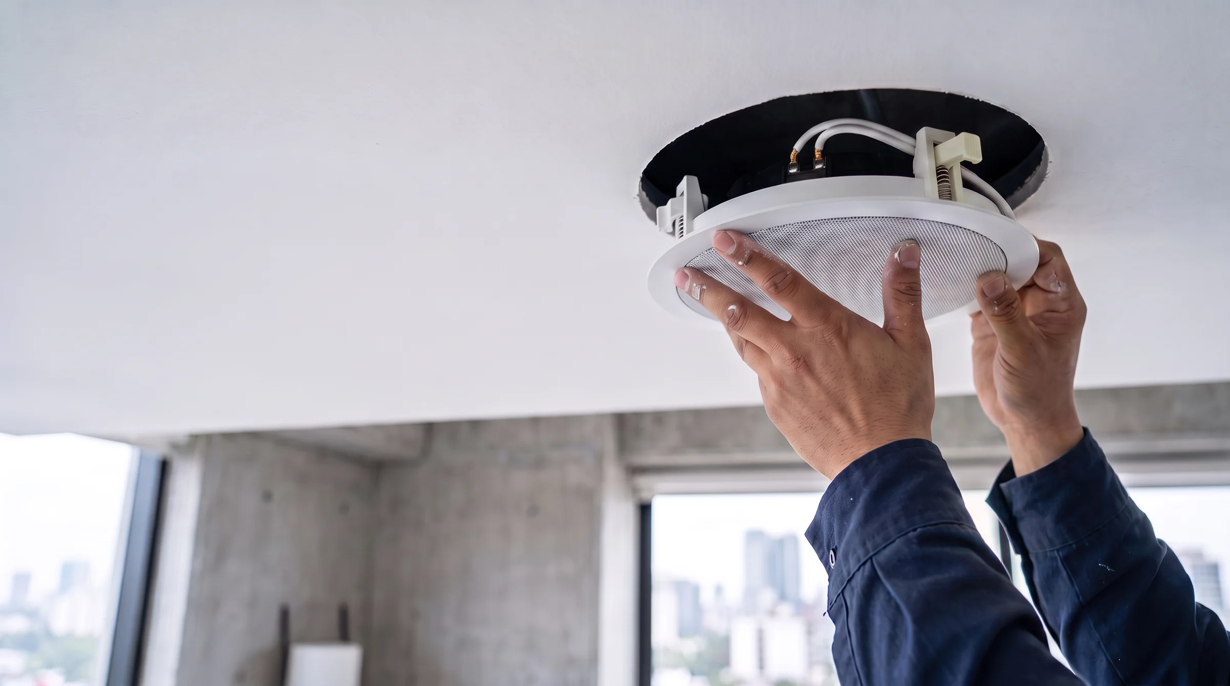 Manos de instalador colocando una bocina de plafón en techo de tablaroca, Ciudad de México