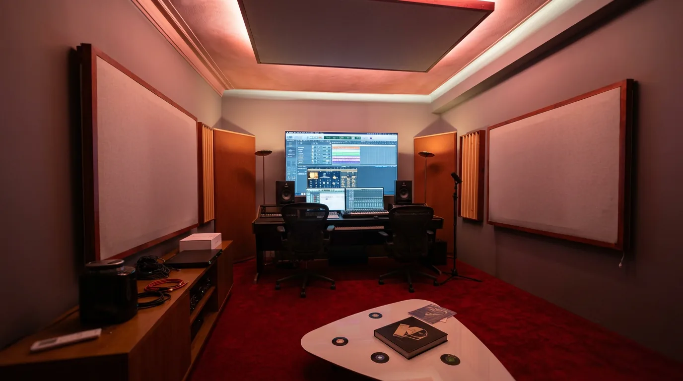 Estudio de grabación 515 terminado: nube acústica con luz perimetral, paneles de madera y alfombra roja